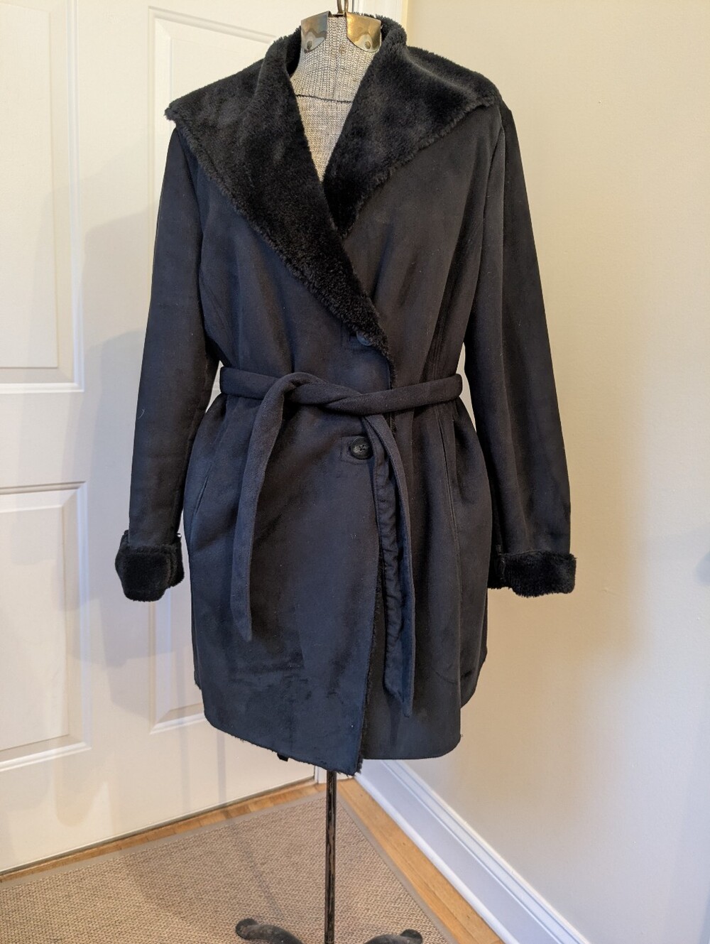 Calvin Klein Black Faux-Shearling Trim Trench Coat Size S